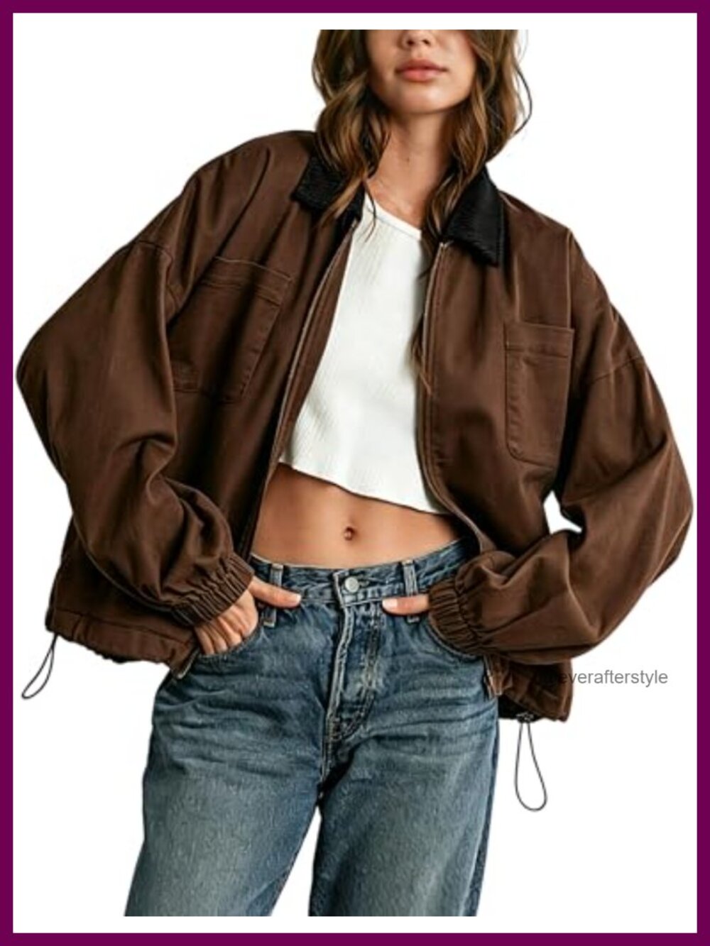 Corduroy Collar Barn Jacket Zip Utility Workwear Cinchable Hem Pockets